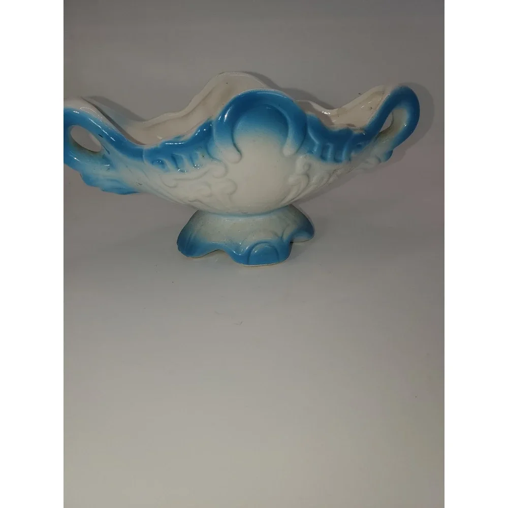 Vintage Blue White Ceramic Miniature Pitcher and Rose Footed Bowl Set